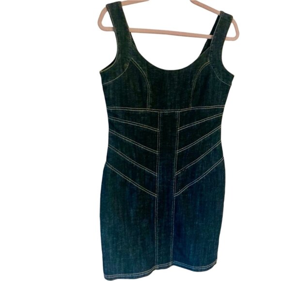 Dance In Paris Denim Fitted Mini Dress  Dark Wash Stretchy  Body Con Stitching - Picture 1 of 10